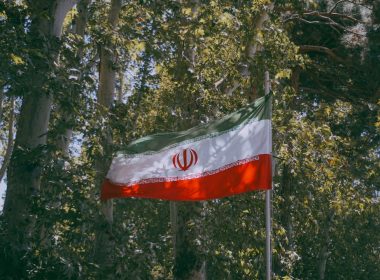 Iranian flag waving amidst green trees